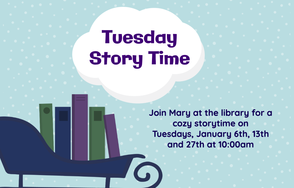 Light blue background with white dots, featuring a sleigh filled with books in the bottom left and a white cloud at the top.