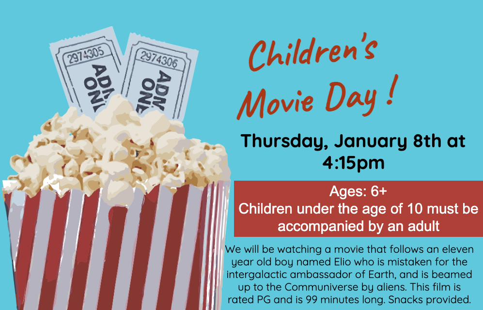 Bright blue background with a large tub of popcorn and two movie tickets in the top left.