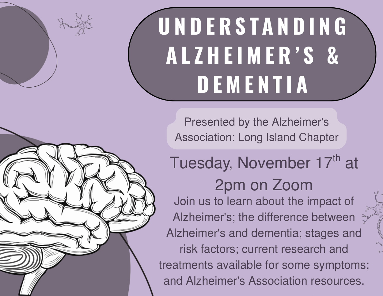 Lavender flyer for “Understanding Alzheimer’s & Dementia,” a Zoom presentation by the Alzheimer’s Association on November 17 at 2 PM, featuring an illustration of a human brain.