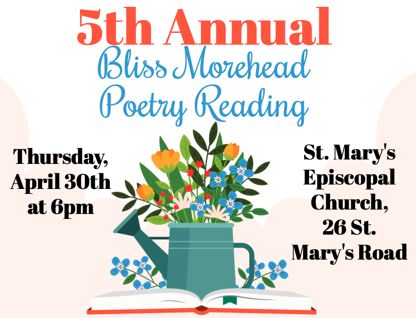 A teal watering can filled with flowers sits on an open book. The background features soft, peach-colored organic shapes and blue script text.