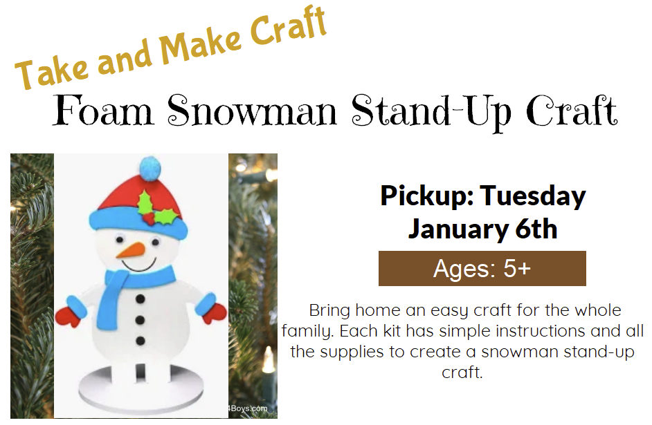 White background with a photo of a foam snowman wearing a red hat, blue scarf, and red mittens, set against a background of pine branches and lights.