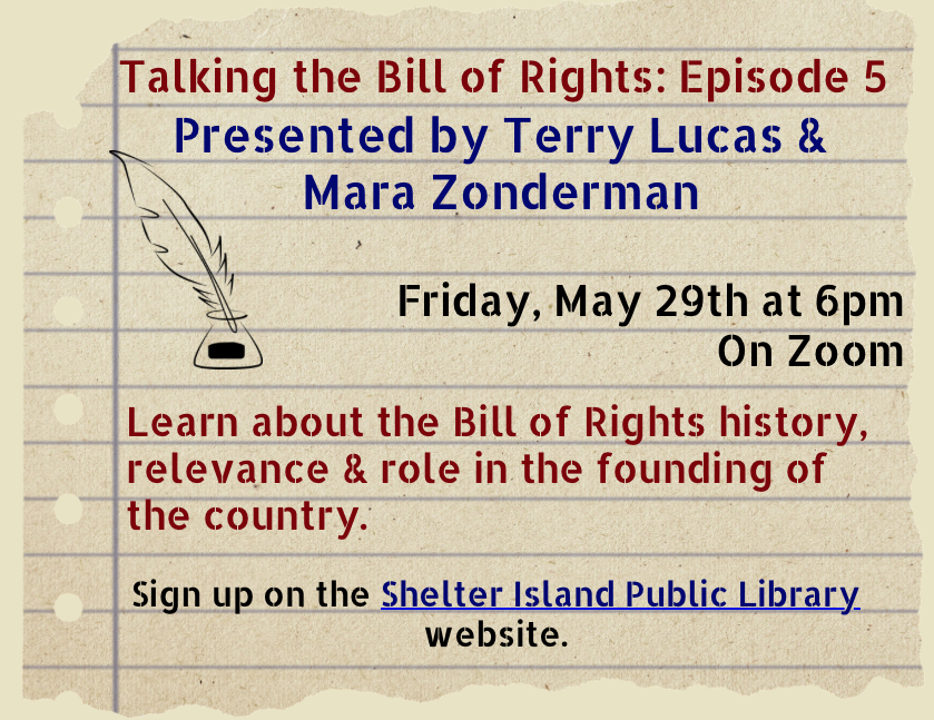 flyer designed to look like a piece of torn, lined notebook paper. It features a simple line drawing of a quill pen and inkwell on the left, with text in red, blue, and black detailing a Zoom event about the Bill of Rights.