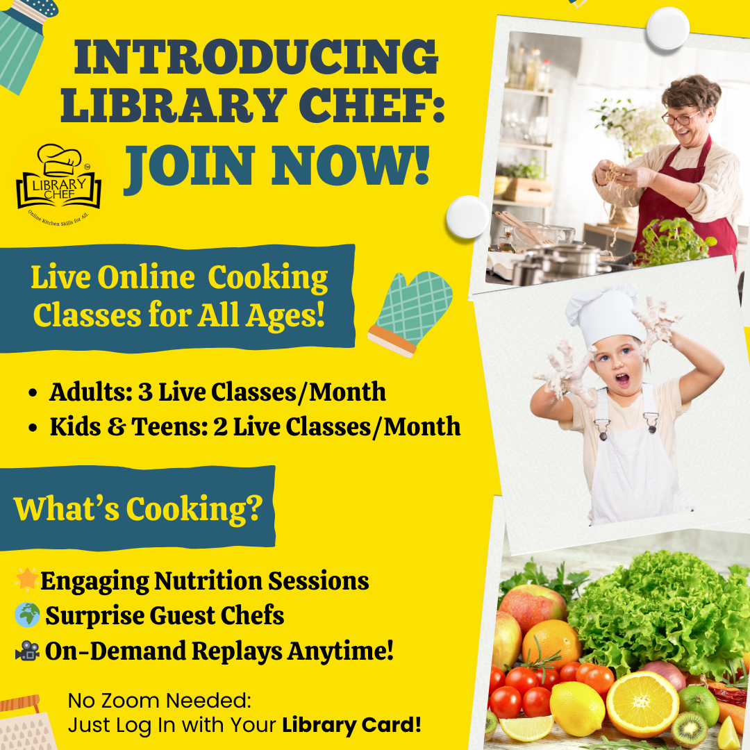 yellow event flyer features three tilted photos of people cooking and fresh produce on the right, balanced by bold black and blue text and kitchen utensil icons on the left.