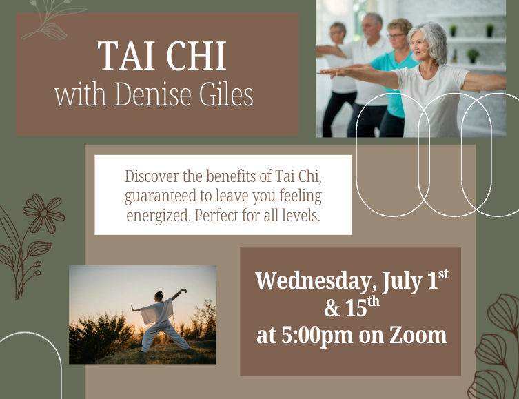 An earthy green and brown flyer featuring two photos of people practicing Tai Chi, overlapping text blocks, and delicate floral line drawings in the corners.