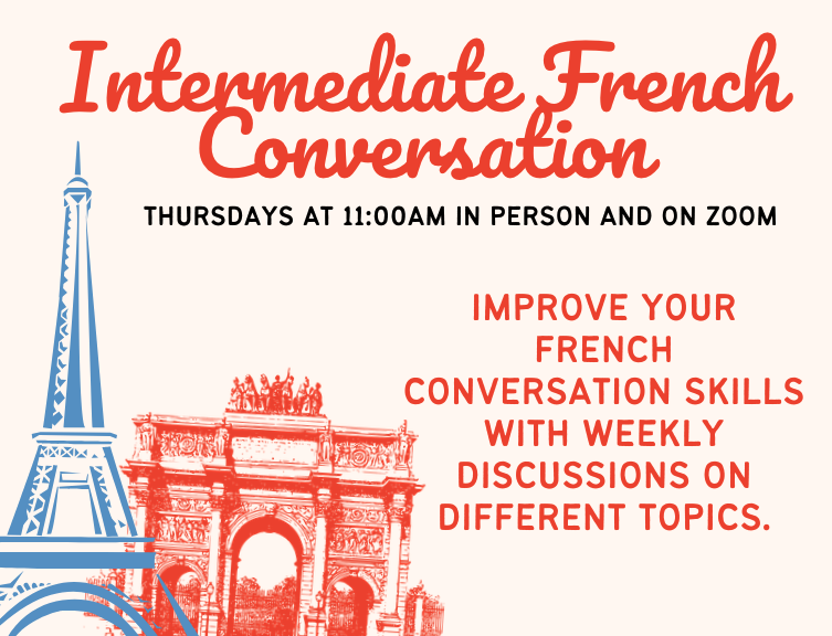 A cream-colored flyer featuring red cursive and bold orange typography. The bottom-left corner is decorated with a blue illustration of the Eiffel Tower layered over a red sketch of the Arc de Triomphe.