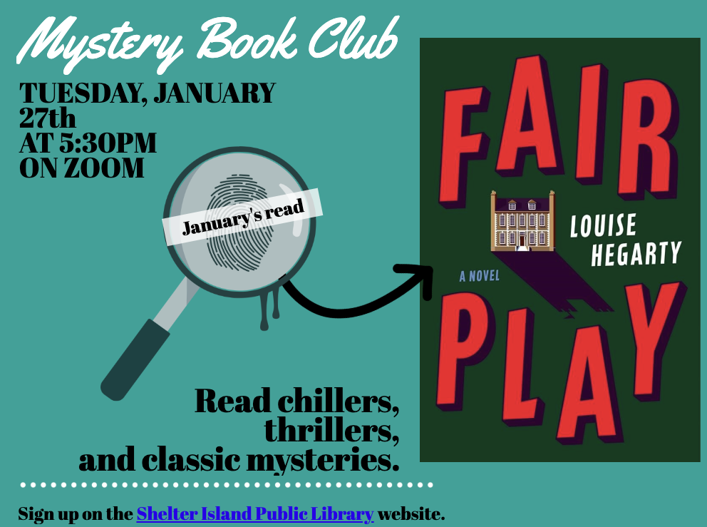 flyer has a dark teal background. The main illustration is a magnifying glass focusing on a fingerprint, with an arrow pointing to the cover of the book "Fair Play" on the right.