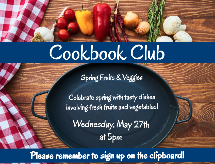 rustic flyer set against a wooden tabletop with fresh vegetables and a red-checkered napkin. A dark blue header and footer frame a central black skillet containing white script text.