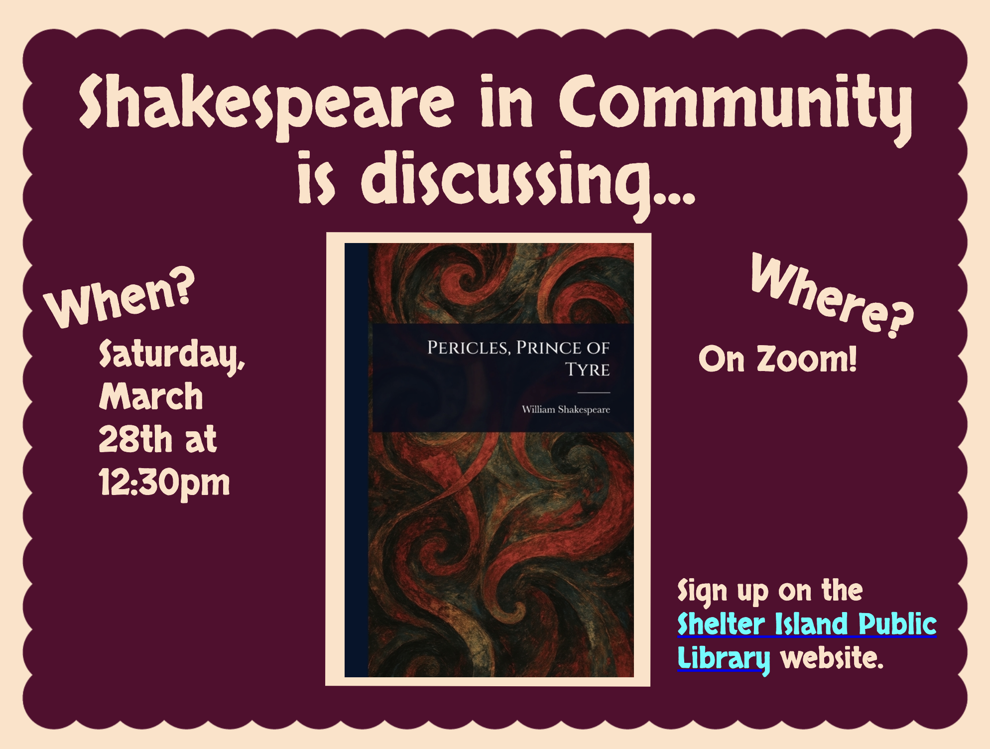 This flyer is for a literary discussion event titled "Shakespeare in Community." The design features a deep burgundy border with a scalloped edge against a cream background.