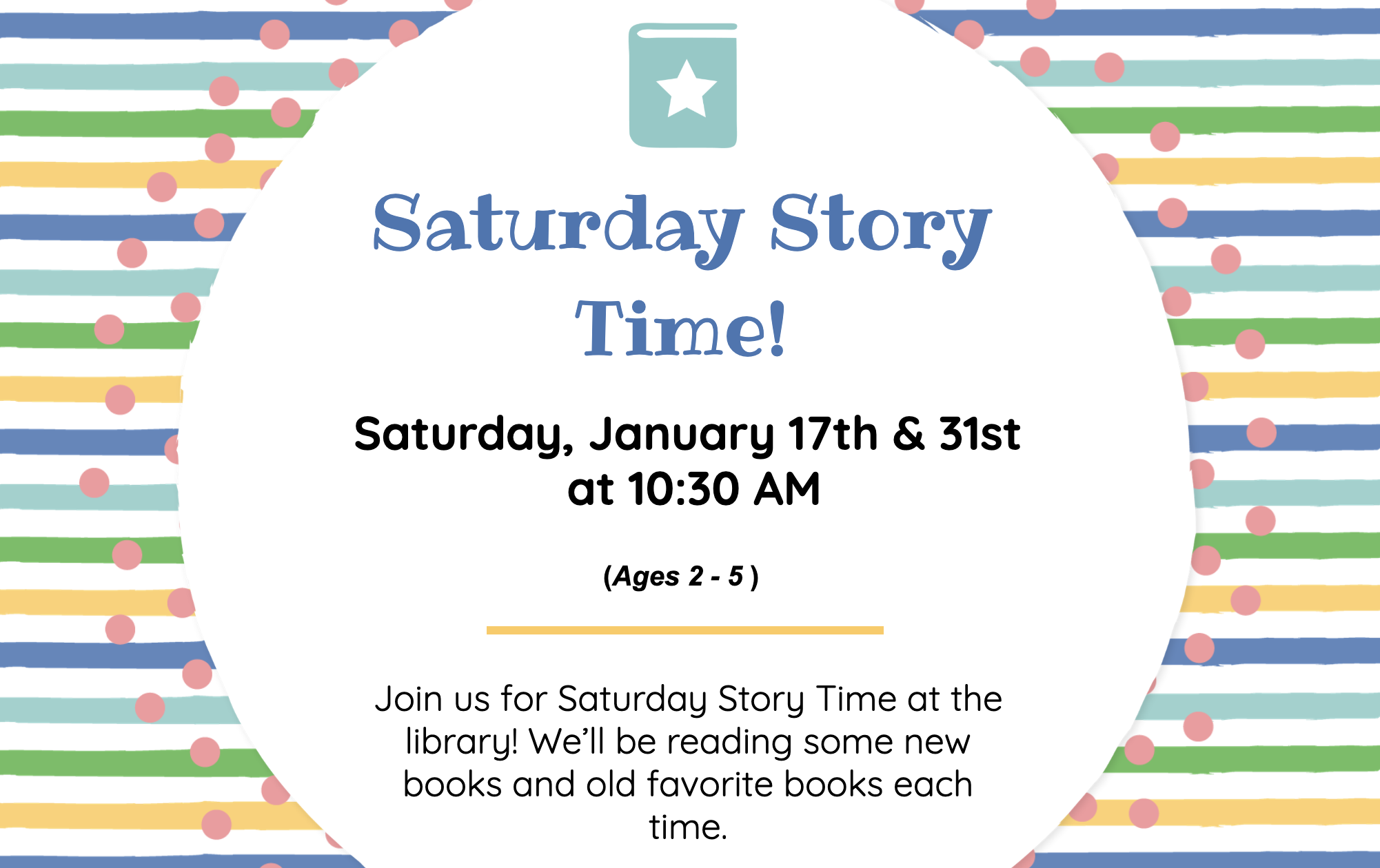 Striped background with multicolored lines and pink dots, featuring a teal book icon with a white star inside.