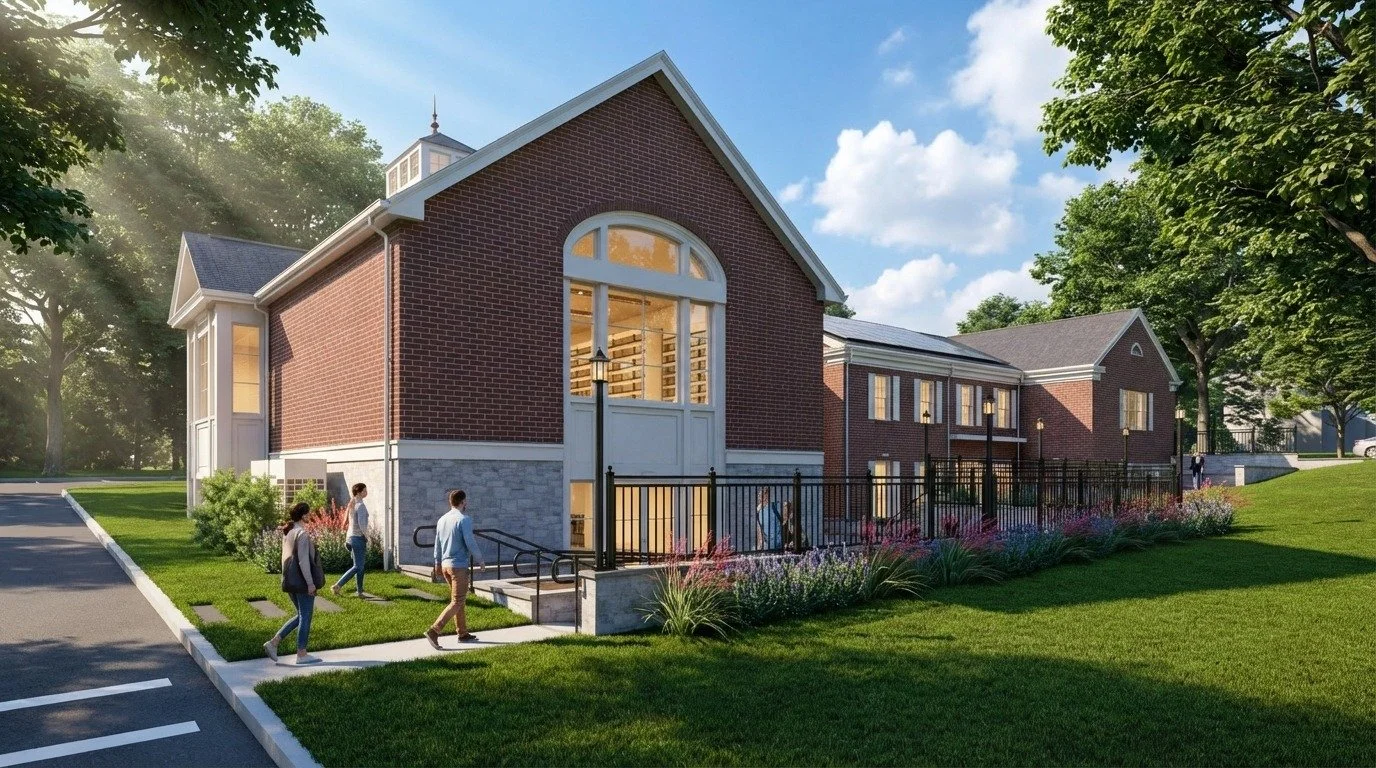 An angled view of the red brick library showing a large gabled wing with a massive arched window. People walk on a white sidewalk past a black metal fence and purple flowers. Sunbeams filter through tall trees onto the lush green lawn.