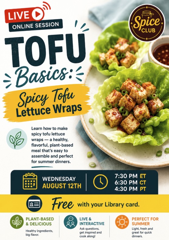This image features dark green, red, and yellow promotional text for a live online cooking class next to a plate of spicy tofu lettuce wraps.