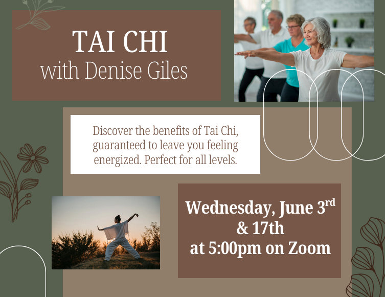 An earthy green and brown flyer featuring two photos of people practicing Tai Chi, overlapping text blocks, and delicate floral line drawings in the corners.