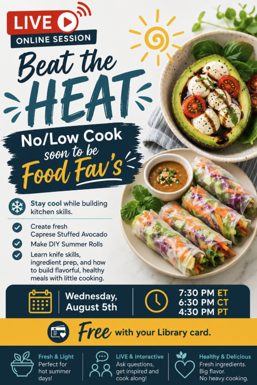 This image features teal, red, and yellow promotional text for a live online cooking class next to plates of summer spring rolls and a Caprese-stuffed avocado.