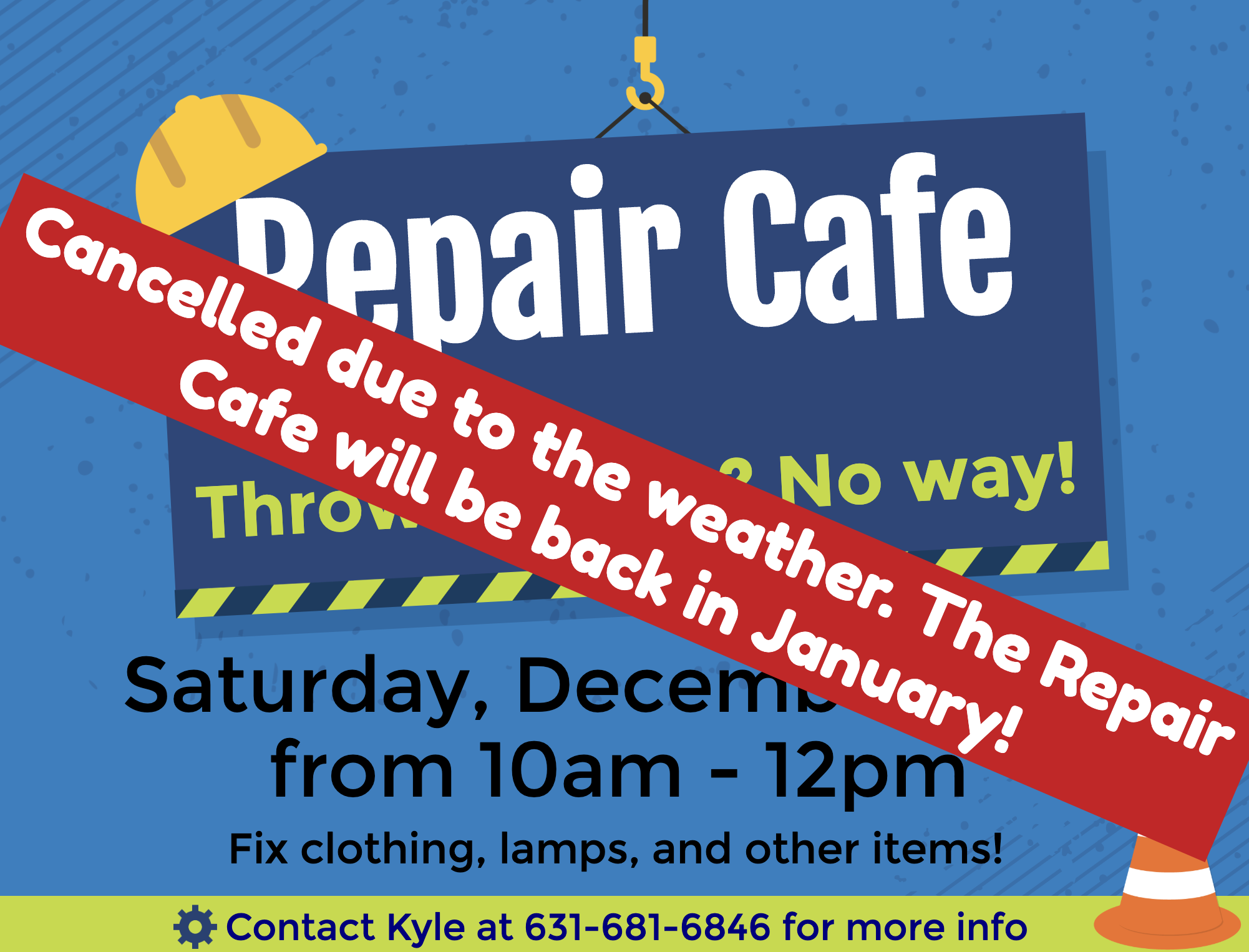 large, angled dark blue sign suspended from the top, which has a yellow and black caution-striped bottom border, yellow construction helmet is on the sign's corner, and an orange traffic cone is in the bottom right, all set against a blue background.