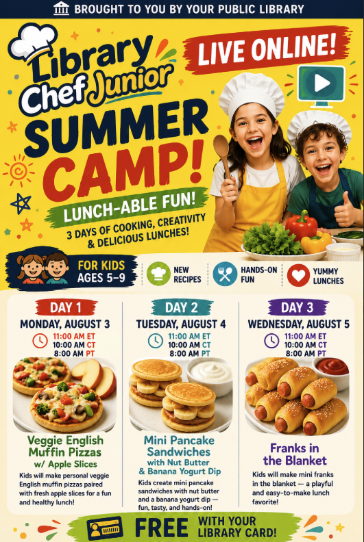 This image features bright red, blue, and yellow promotional text for a 3-day online kids' summer cooking camp, positioned alongside photos of smiling young chefs and three daily lunch meals.