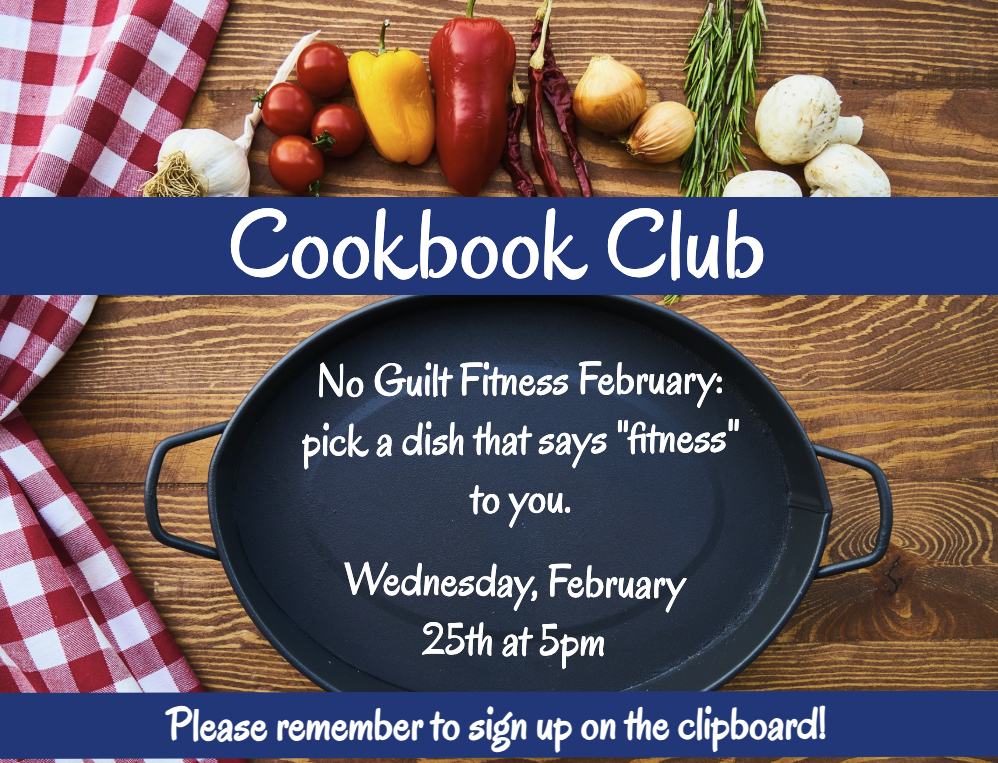 flyer for Cookbook Club features a top-down view of a wooden table with fresh vegetables, a red checkered cloth, and a black oval pan containing the event details.