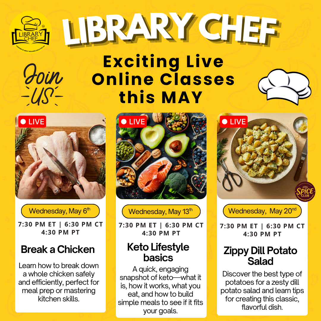 bright yellow flyer with food-patterned accents. It features three white vertical panels at the bottom, each displaying a food photo and a "LIVE" tag, topped by a large shadowed title and a chef's hat icon.