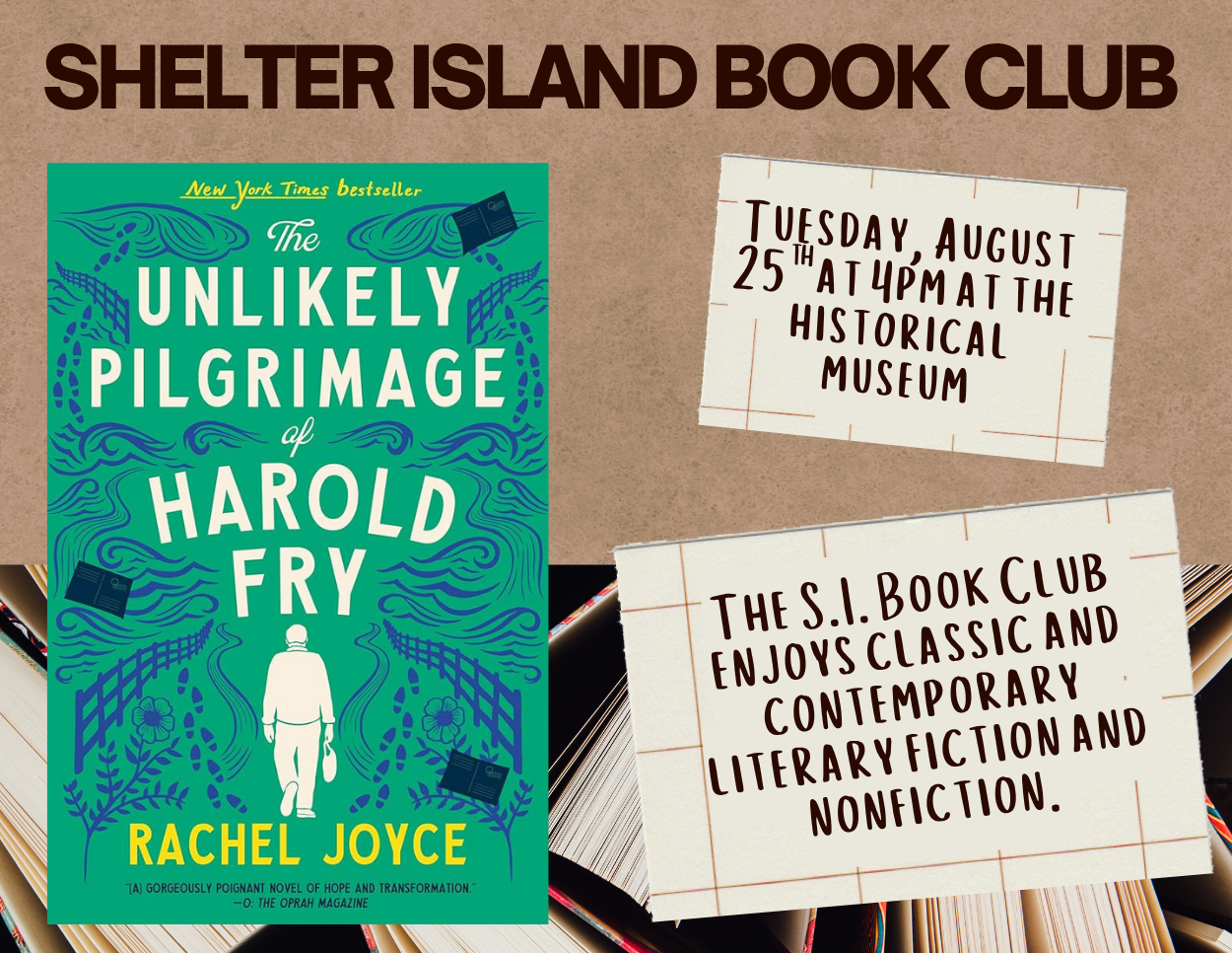 flyer advertises the Shelter Island Book Club meeting on Tuesday, August 25th at 4:00 PM at the Historical Museum, featuring a discussion on The Unlikely Pilgrimage of Harold Fry by Rachel Joyce.