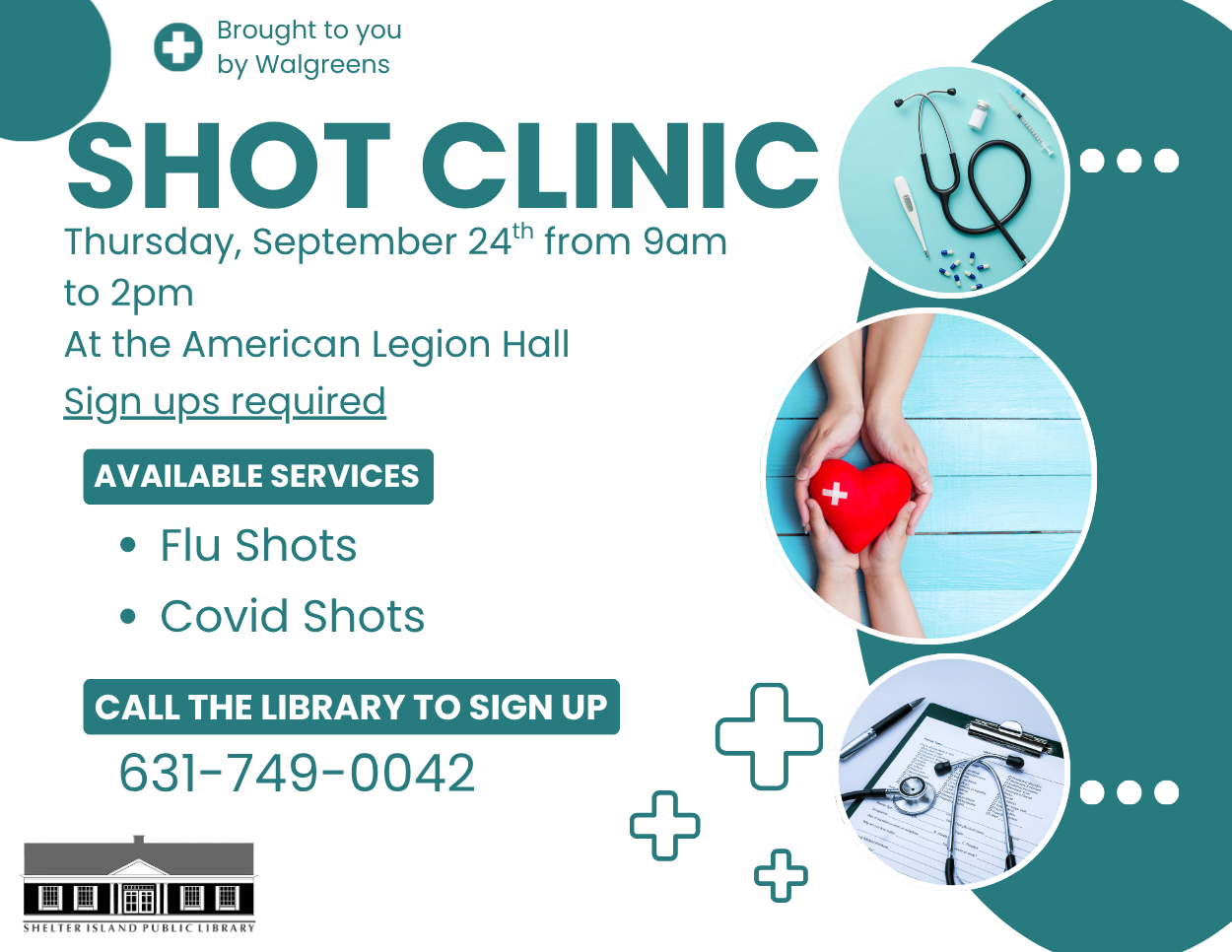 Set against a white and teal background, this promotional graphic announces a Walgreens-sponsored Shot Clinic, featuring event details alongside medical-themed imagery in circular cutouts.