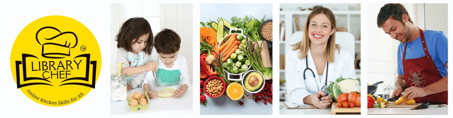 horizontal banner features a yellow "Library Chef" logo on the far left followed by four vertical photos of children whisking, fresh vegetables, a smiling healthcare professional, and a man slicing citrus.