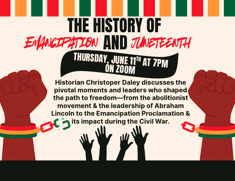 A cream-colored flyer advertising a Juneteenth history presentation, bordered by a multi-colored stripe at the top and featuring two raised fists breaking free from chains at the bottom.