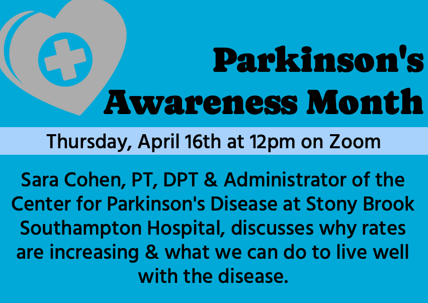 A gray heart icon with a blue medical cross sits in the top left corner of a bright blue background. A light blue horizontal bar separates the title from the event description.