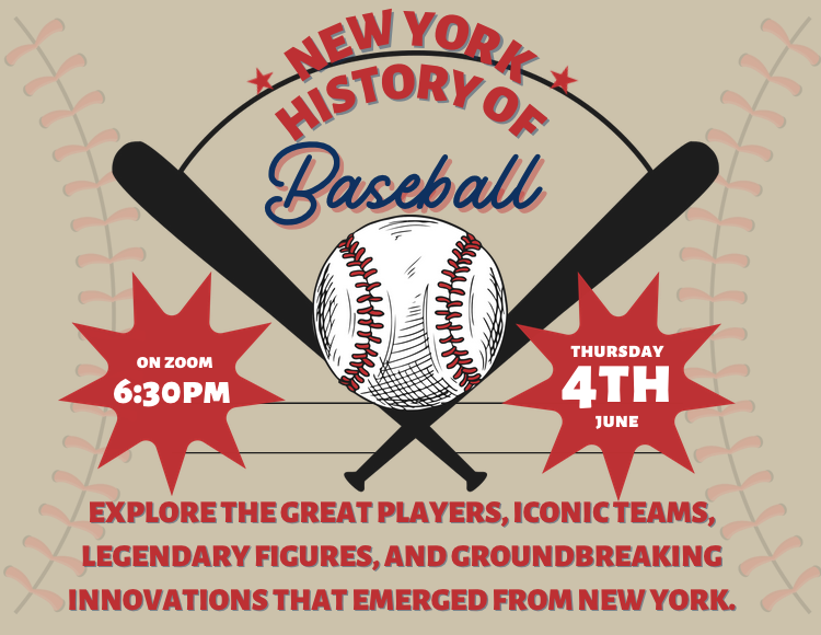 A vintage-style baseball flyer with a central ball and crossed bats icon, flanked by red starbursts on a stitched beige background.