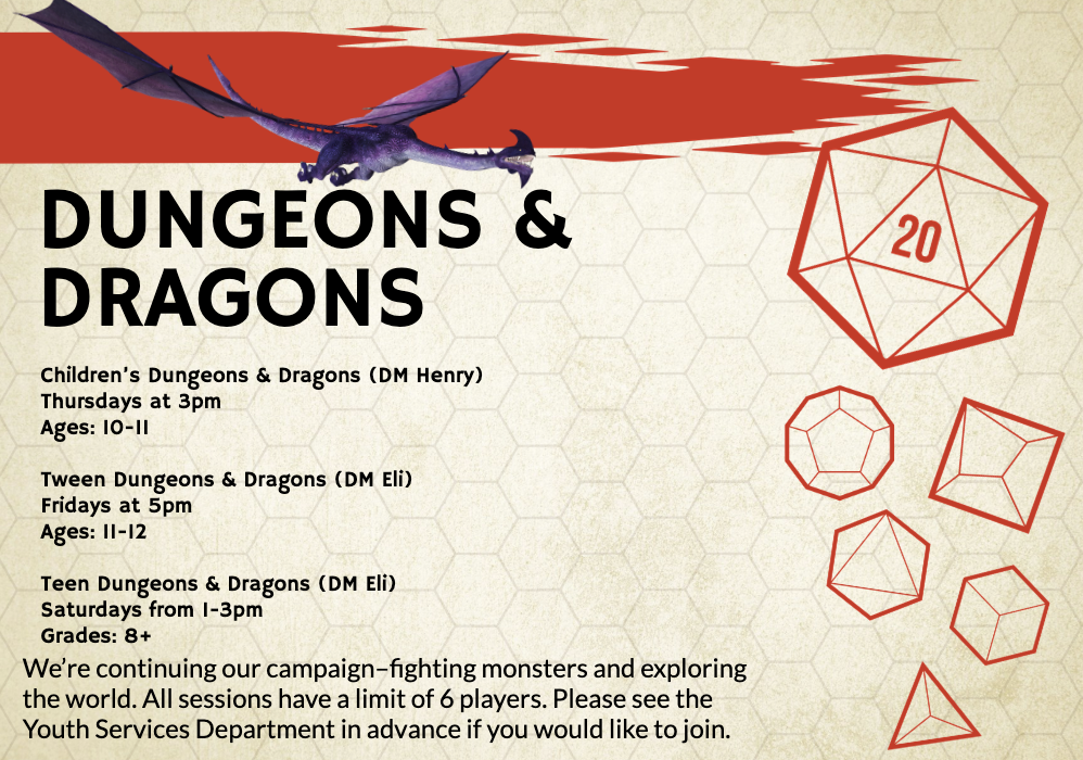 Tan background with a honeycomb pattern, featuring a purple dragon and several red twenty-sided dice.