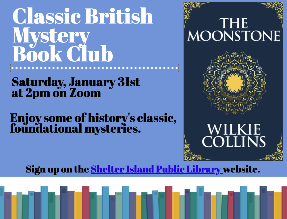 Light blue background, dark blue book cover with a gold mandala, and a row of multicolored book spines along the bottom.