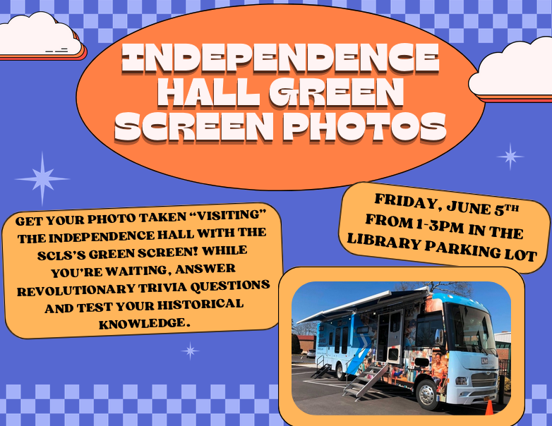 vibrant blue-and-purple checkered flyer advertising "Independence Hall Green Screen Photos," featuring retro orange text bubbles and a photo of a wrapped mobile library bus in the bottom right corner.