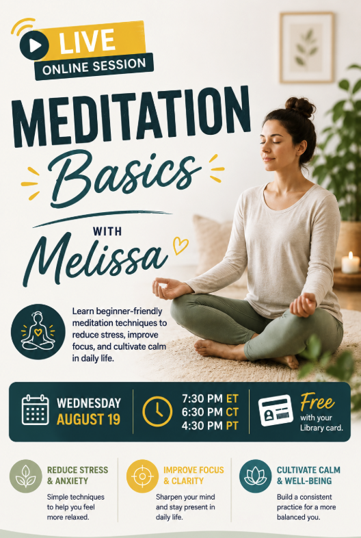 Set against a bright home setting, this image features a woman meditating on a rug alongside dark green and yellow text detailing a live online meditation session.