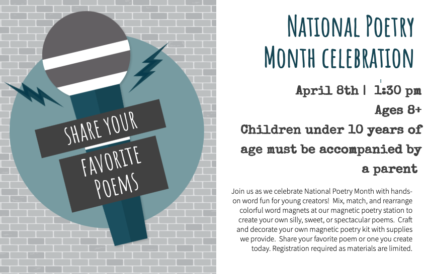 stylized microphone graphic with lightning bolts over a teal circle. It is set against a gray brick wall background next to an event description.