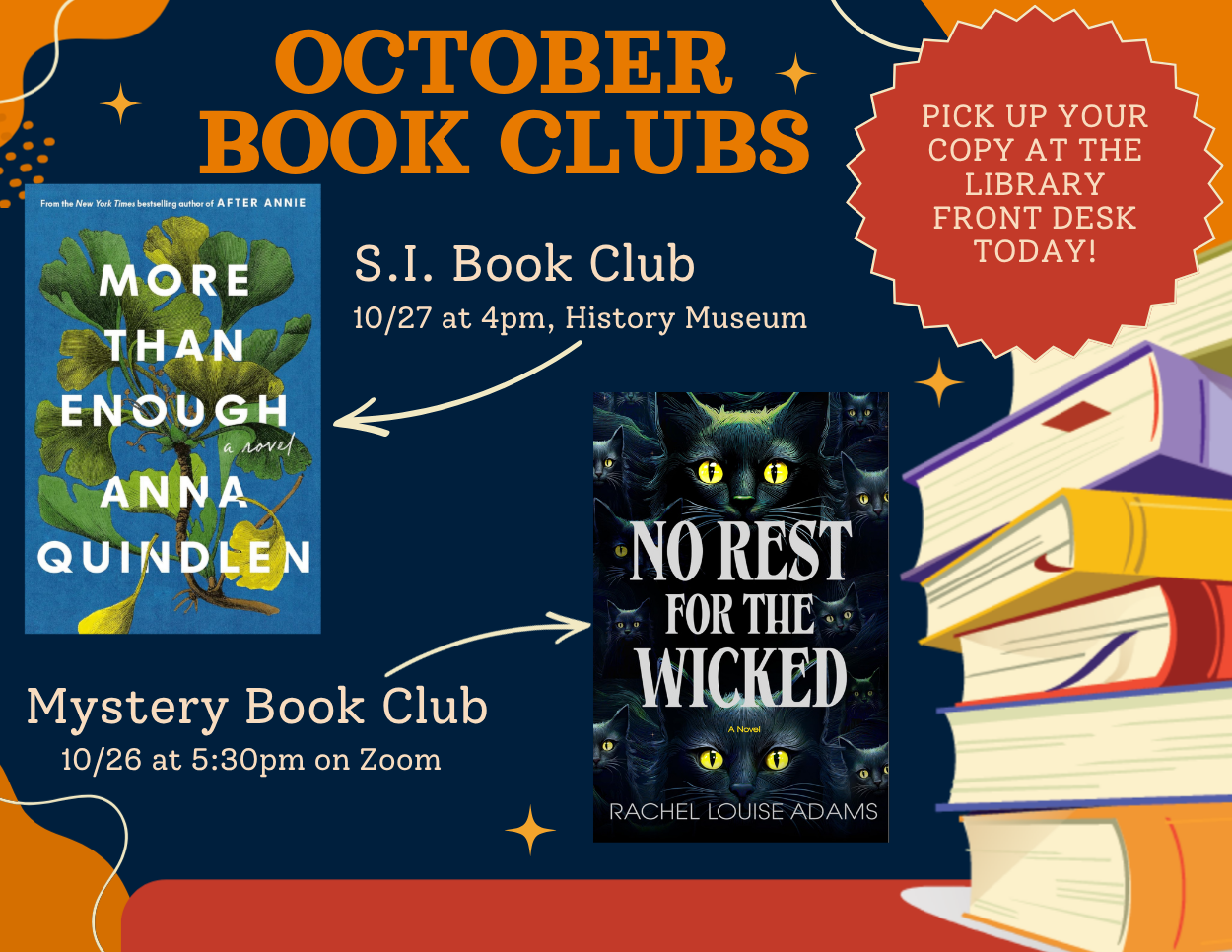 October Book Clubs

Shelter Island Book Club: 10/27 @ 4:00 pm at the SI History Museum, this month's selection is More Than Enough by Anna Quindlen

Mystery Book Club: 10/26 @ 5:30 pm on Zoom, this month's selection is No Rest for the Wicked by Rache
