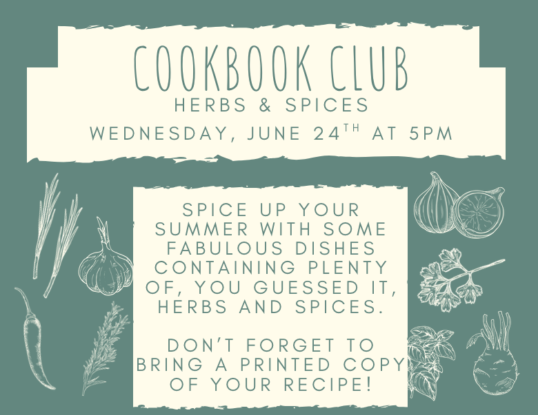 muted green flyer advertising a "Cookbook Club" event, featuring cream-colored text boxes with a torn-paper texture and fine-line sketches of various herbs and vegetables.