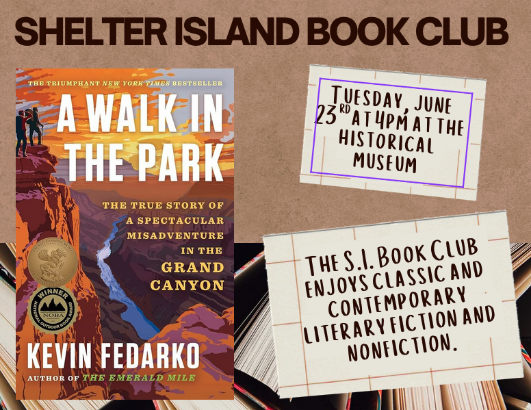 A brown textured flyer for the "Shelter Island Book Club" featuring the colorful cover of Kevin Fedarko's book A Walk in the Park alongside two handwritten, grid-paper note scraps.