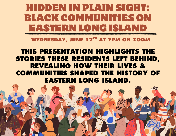 A cream-colored flyer with bold brown and black text. The bottom half is filled with a colorful illustration of a diverse, dense crowd of people standing side by side.