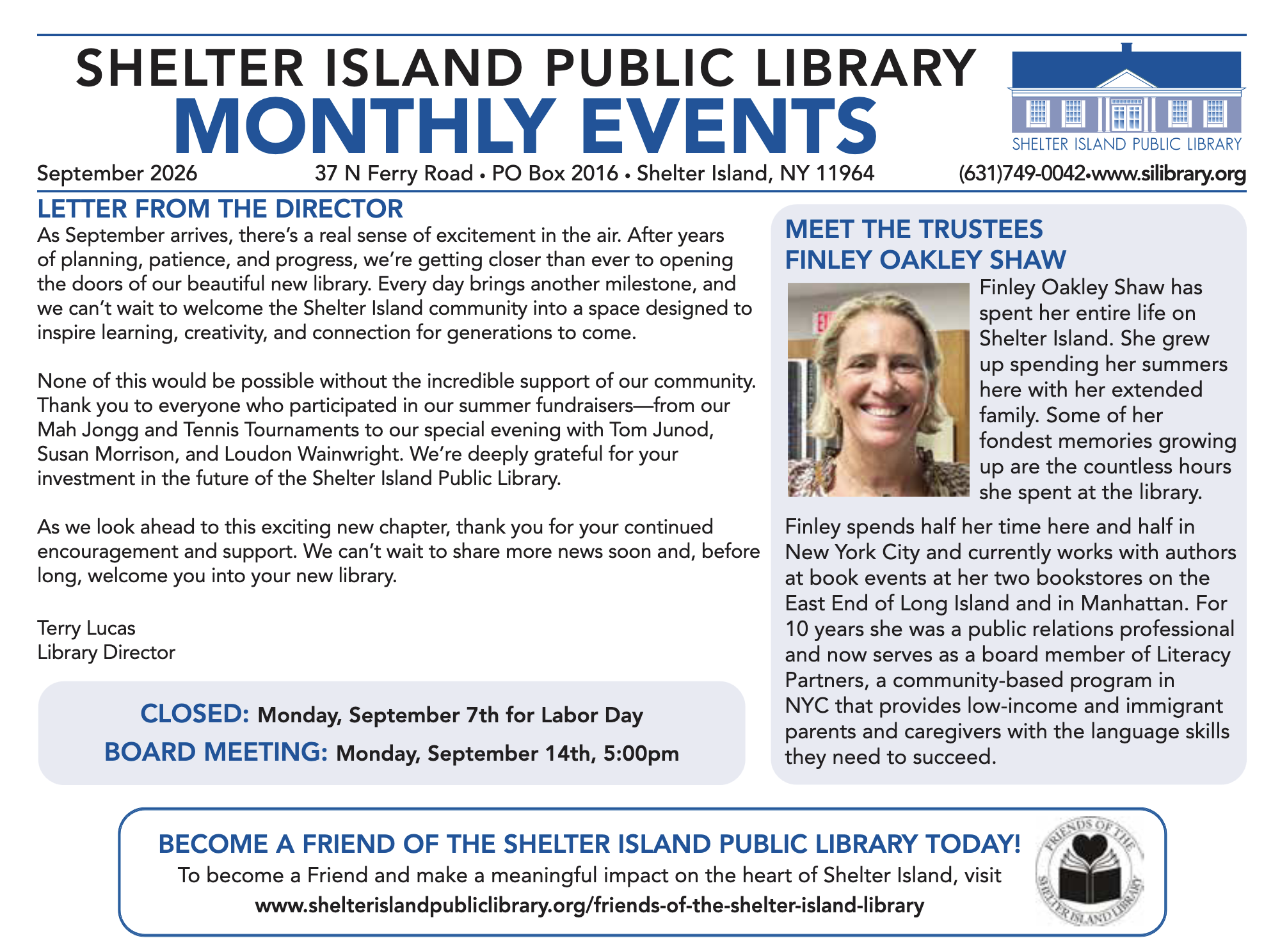 thumbnail image of the September 2026 shelter island library newsletter. Click to download.