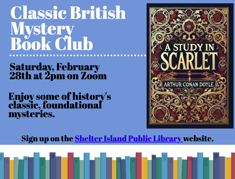 light blue flyer for the Classic British Mystery Book Club features an ornate gold and red book cover for A Study in Scarlet positioned above a colorful row of vertical book spines.