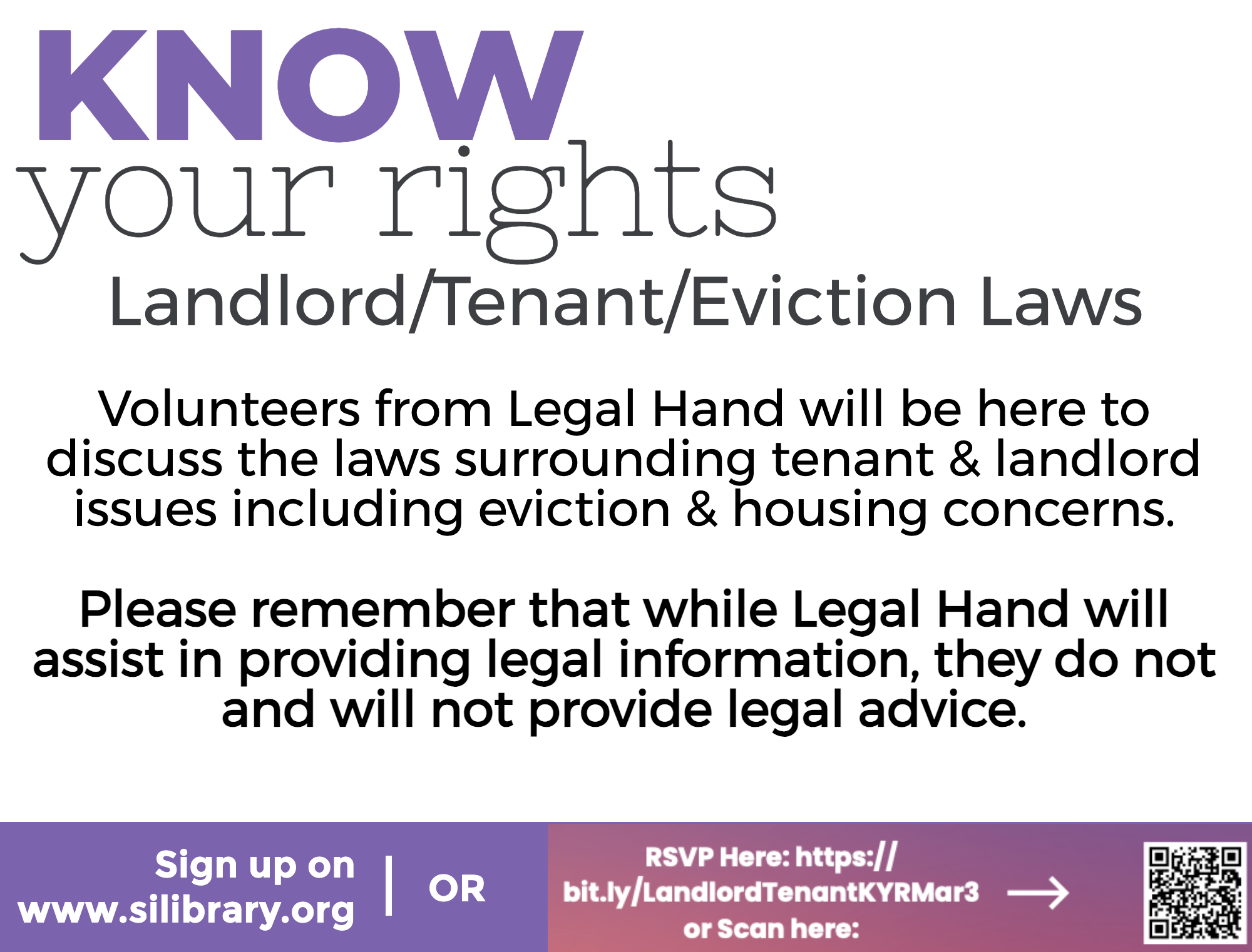flyer is for an informational session titled "Legal Hand Call-In Center". The design is clean and professional, featuring a light blue background with a large white square in the center.