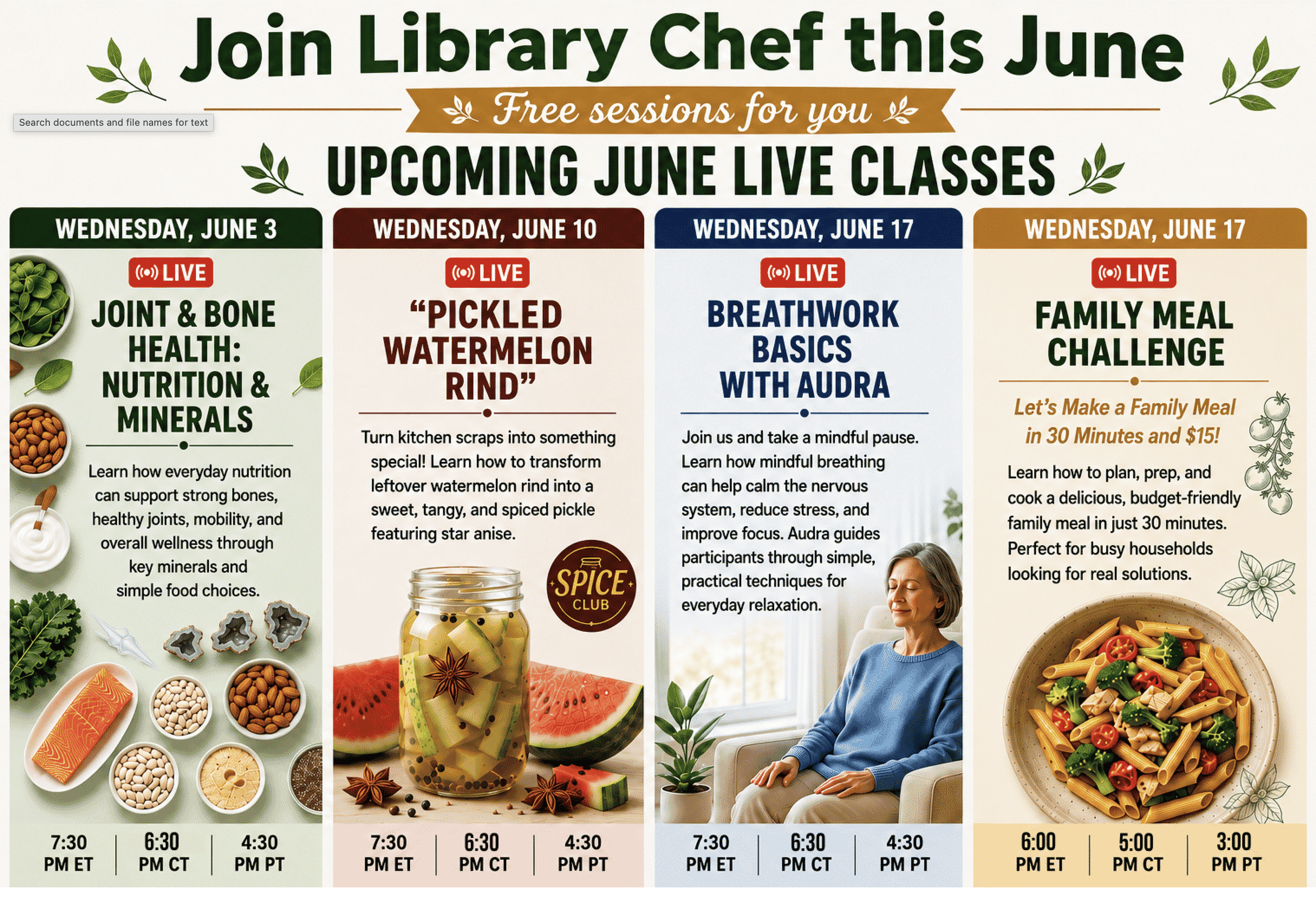 A textured cream flyer advertising four live "Library Chef" June classes, organized into color-coded columns (green, red, blue, and orange) complete with photos and session times at the bottom.