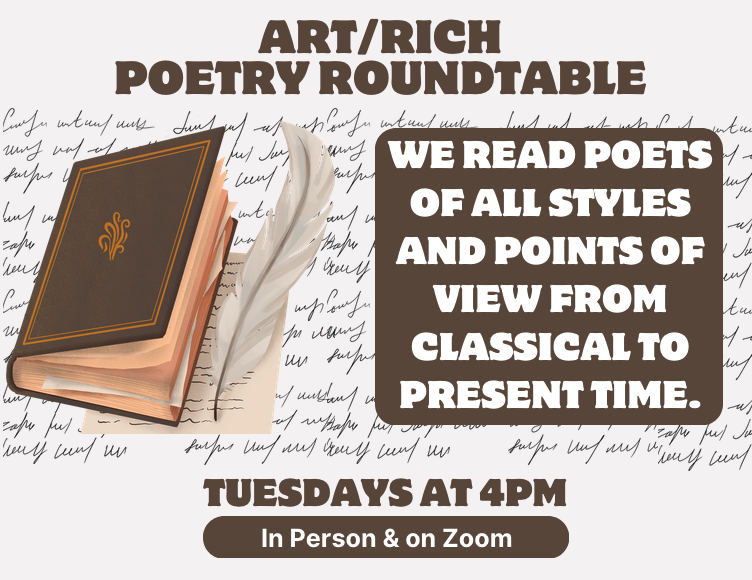 brown-and-white flyer featuring a cursive handwriting background. It displays an illustration of an open leather-bound book and a quill on the left, balanced by a rounded brown box with bold white text on the right.
