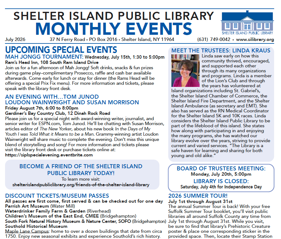 thumbnail image of the July 2026 shelter island library newsletter.