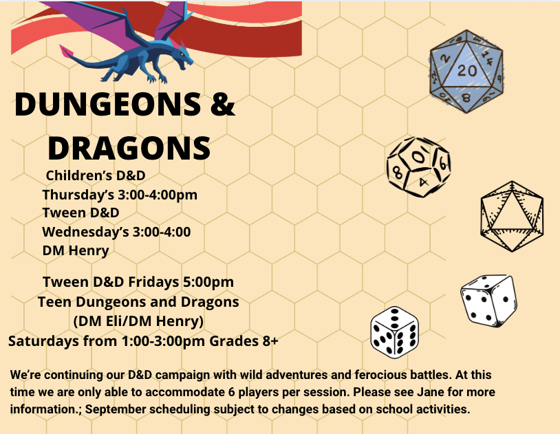 Promotes "Dungeons & Dragons" sessions for children, tweens, and teens on a light grid-pattern background, decorated with illustrations of a flying dragon and polyhedral dice.