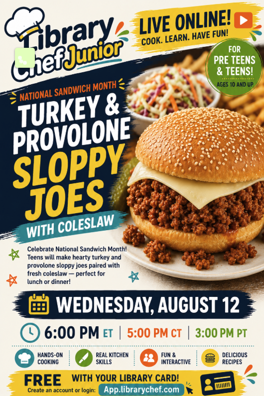 image features bold dark blue and yellow promotional text for an online cooking class for pre-teens and teens, positioned next to a turkey and provolone sloppy joe sandwich and coleslaw.