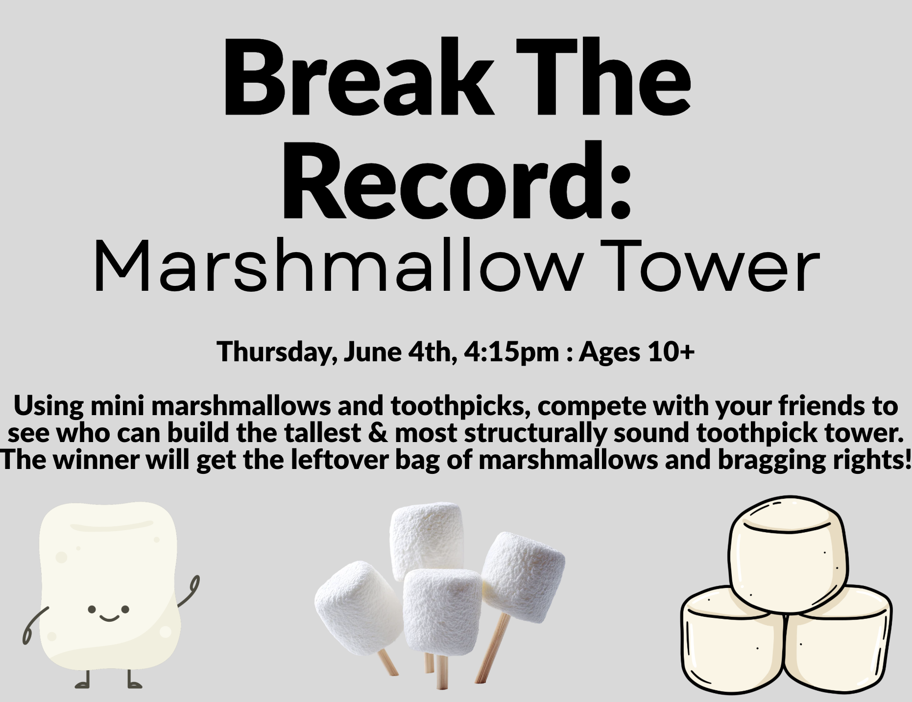 A tan and white checkered flyer advertising a "Marshmallow Catapults" STEM challenge, featuring cartoon illustrations of a flying marshmallow and a wooden catapult loaded with a marshmallow on the right side.
