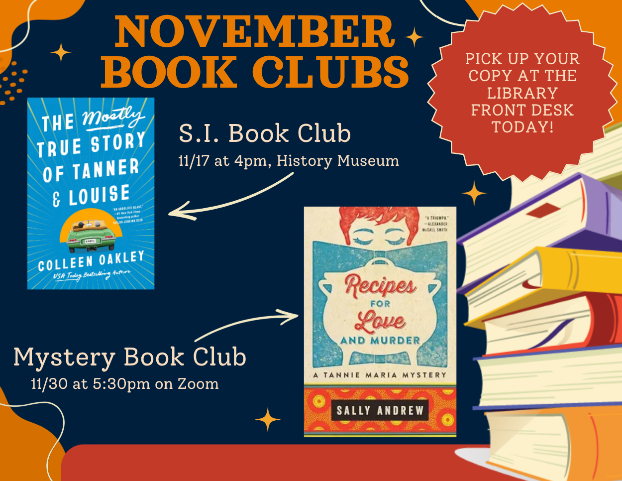 November Book Clubs

Shelter Island Book Club: 11/17 @ 4:00 pm at the SI History Museum, this month's selection is The Mostly True Story of Tanner & Louise by Colleen Oakley.

Mystery Book Club: 11/30 @ 5:30 pm on Zoom, this month's selection is Reci