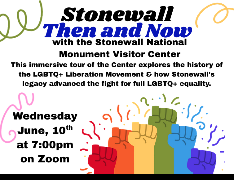 A white flyer with a black footer and bold black and blue titles. The bottom-right features an illustration of raised, rainbow-colored fists surrounded by confetti, accented by colorful swirls in the corners.