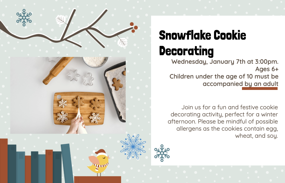 Light blue background with white snowflakes, a wooden cutting board with snowflake cookies, and a row of books at the bottom.