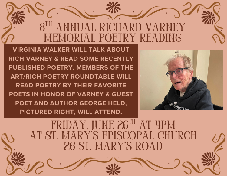 dusty-rose flyer with decorative brown floral borders. It features a portrait of an elderly man with glasses on the right and a brown text box on the left, set alongside elegant, stylized typography.