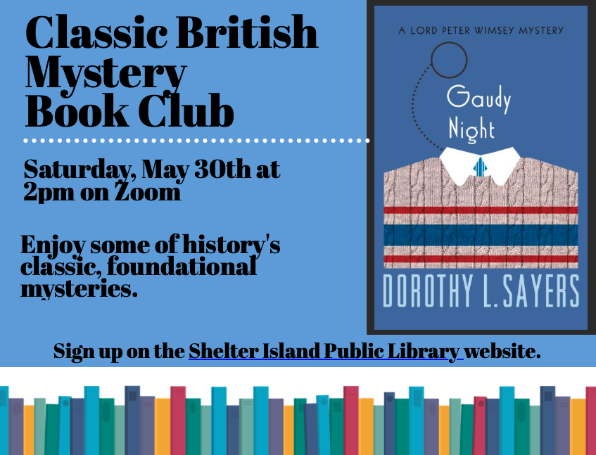 cornflower blue flyer featuring a large book cover on the right and bold black text on the left. A white dotted line sits above the text, and a colorful row of books lines the bottom edge.